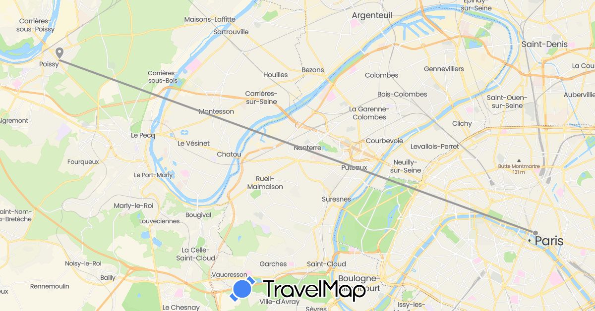 TravelMap itinerary: plane in France, Mongolia (Asia, Europe)
